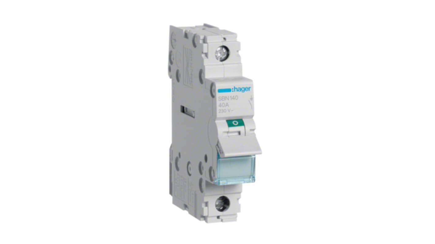 Hager 1P Pole Isolator Switch - 40A Maximum Current, IP20