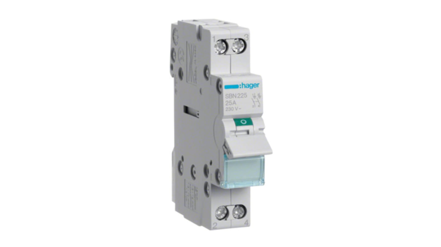 Hager 2P Pole Isolator Switch - 25A Maximum Current, IP20