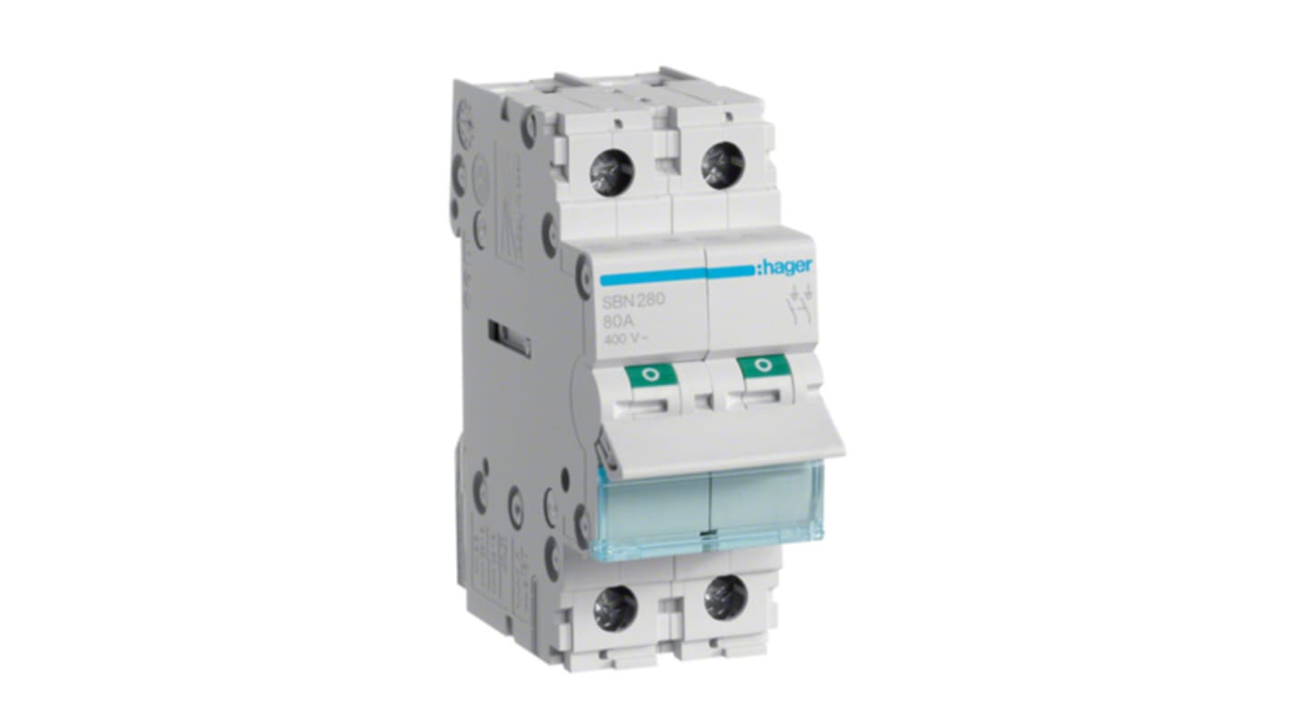 Hager 2P Pole Isolator Switch - 80A Maximum Current, IP20