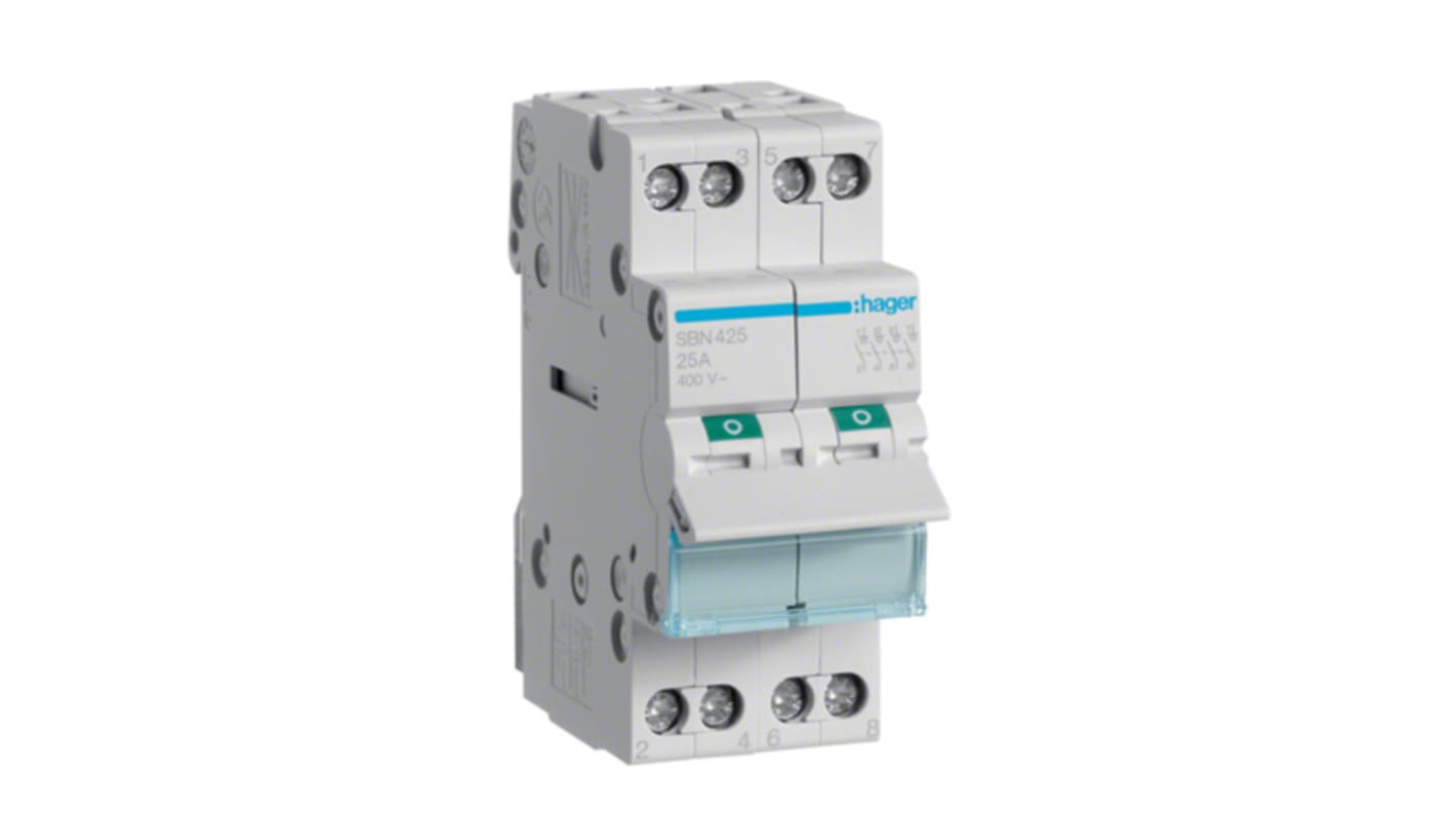 Hager 4P Pole Isolator Switch - 25A Maximum Current, IP20