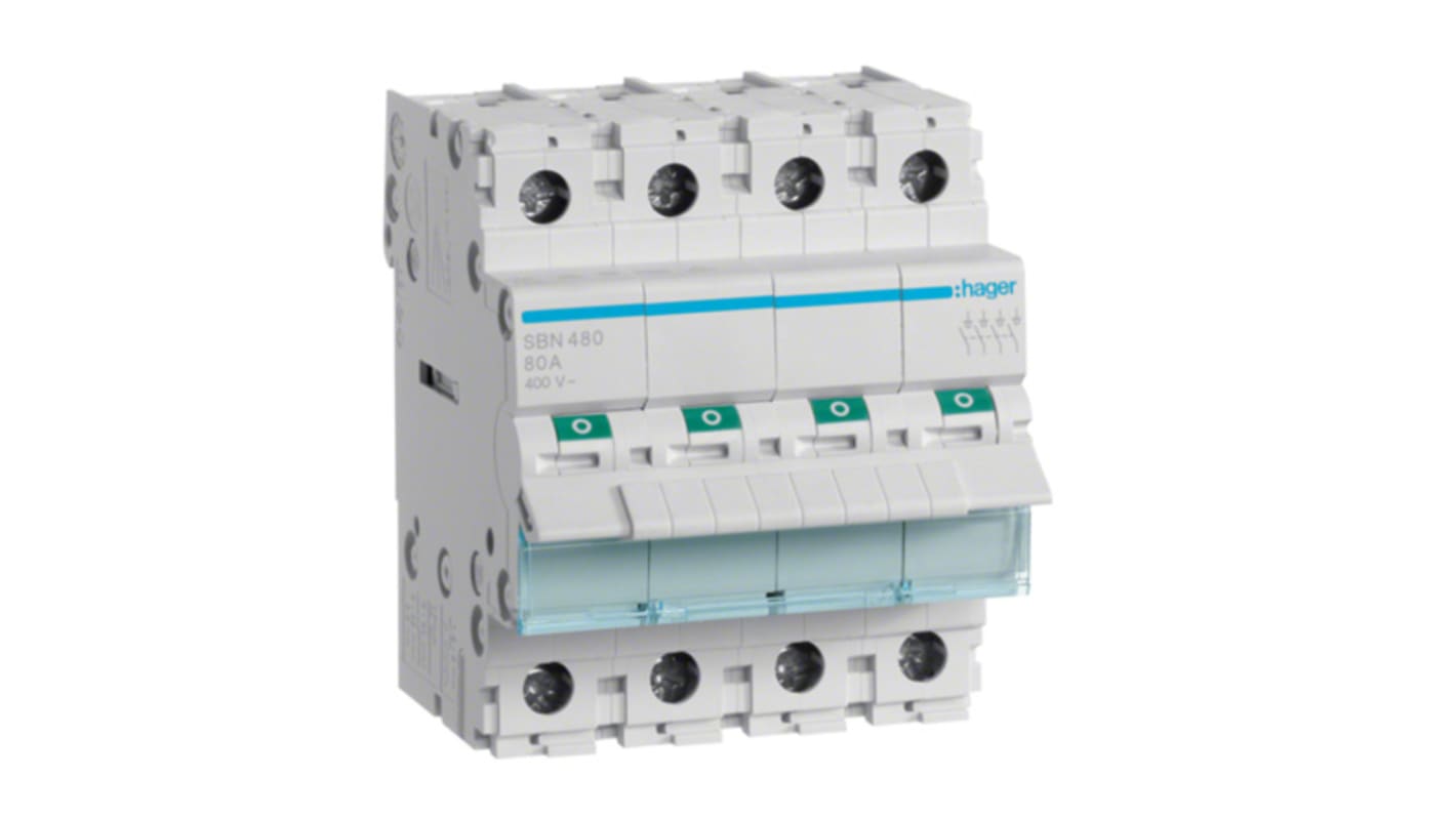 Interrupteur-sectionneur Hager SB, 4 P, 80A, 230 → 400V c.a.