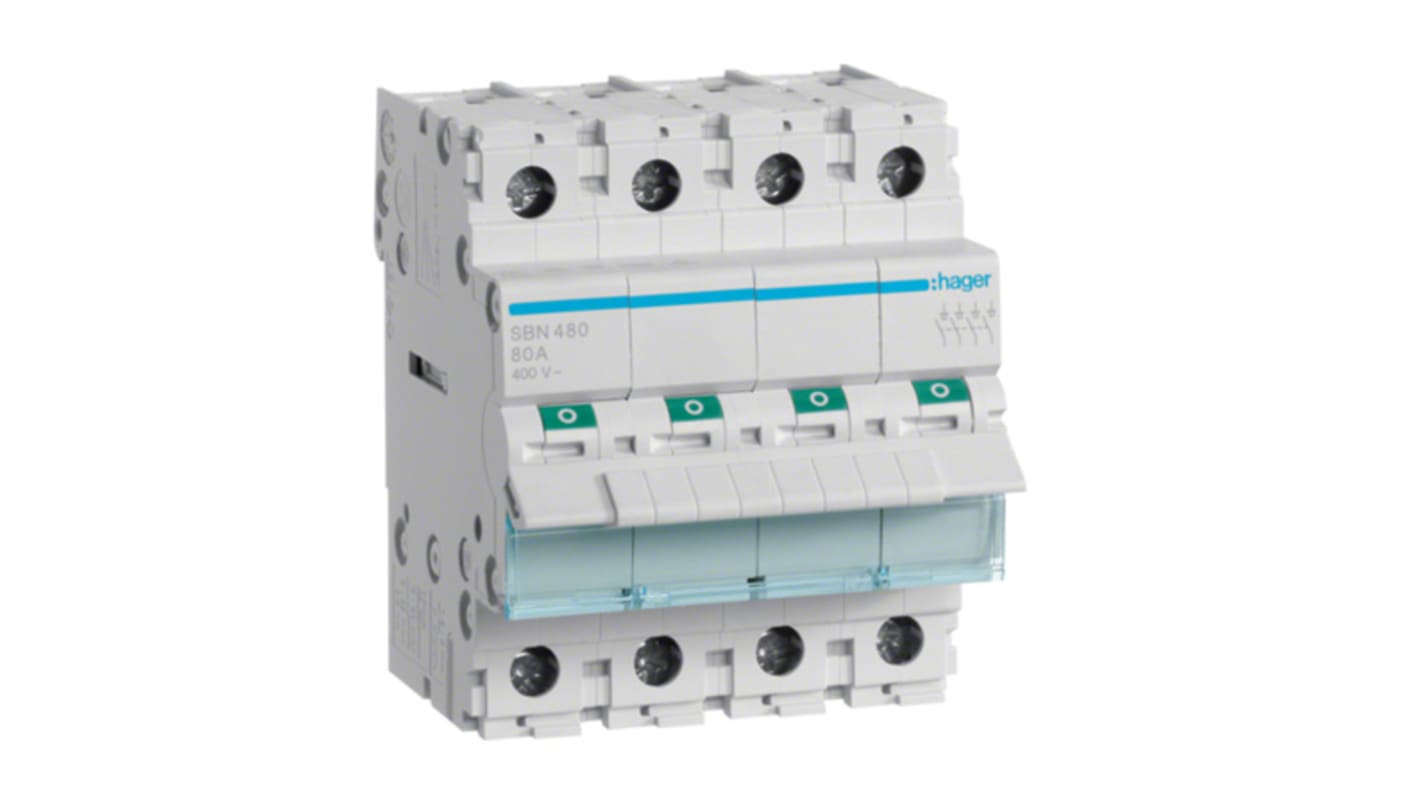 Hager 4P Pole Isolator Switch - 80A Maximum Current, IP20