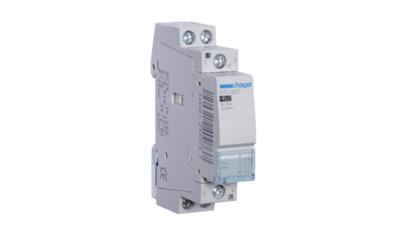 Stycznik 230 V AC Hager styki: 2 2,9 VA 25 A 1NO + 1NC Montaż na szynie DIN Śruba ESC227