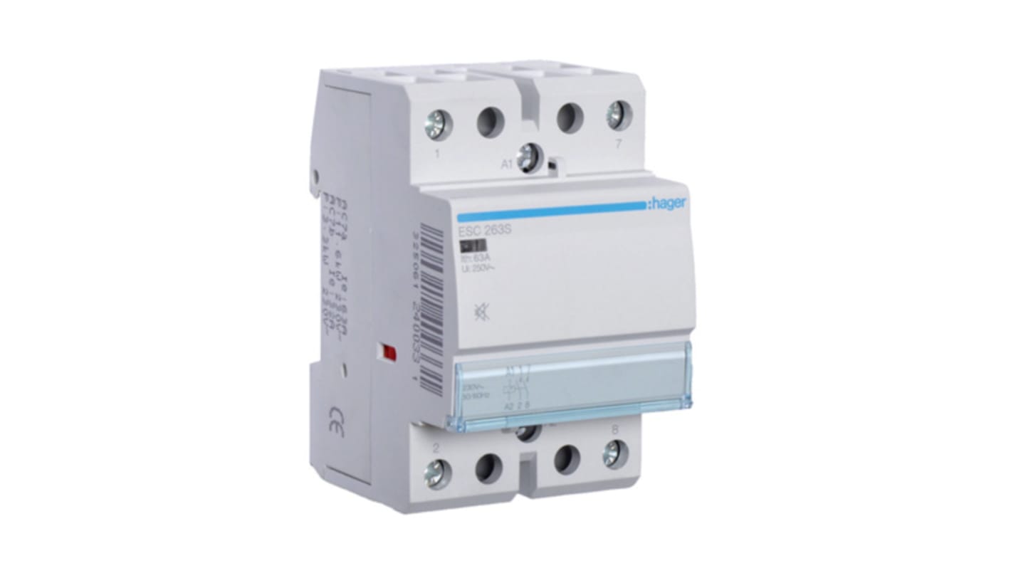 Stycznik 230 V AC Hager styki: 2 6,5 kW 63 A 2NO Montaż na szynie DIN Śruba ESC263S