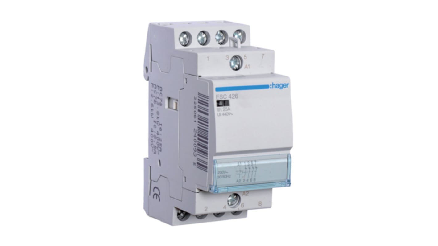 Stycznik 230 V AC Hager styki: 4 3,4 VA 25 A 4NC Montaż na szynie DIN Śruba ESC426