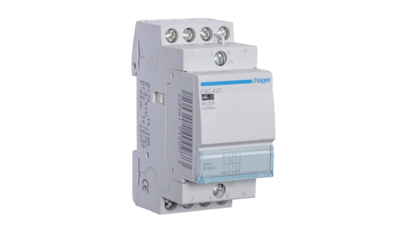 Stycznik 230 V AC Hager styki: 4 3,4 VA 25 A 2NO + 2NC Montaż na szynie DIN Śruba ESC427