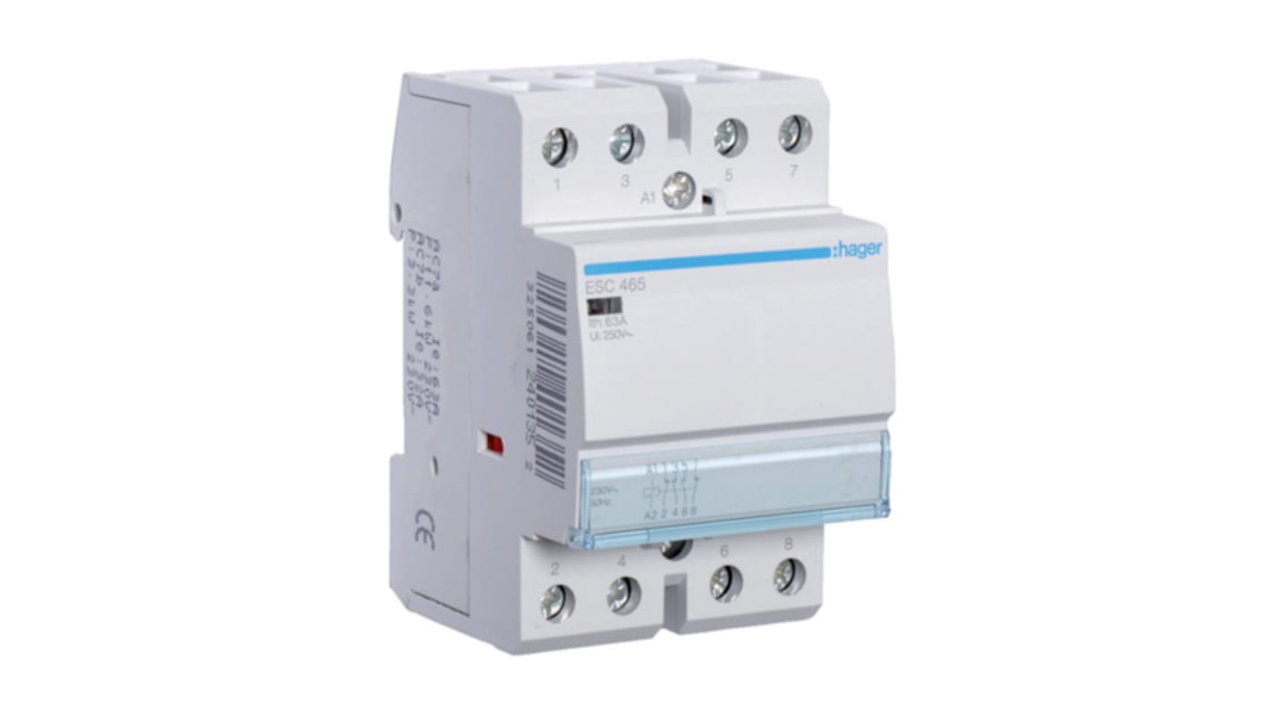 Stycznik 230 V AC Hager styki: 4 63 A 2NO + 2NC Montaż na szynie DIN Śruba ESC465