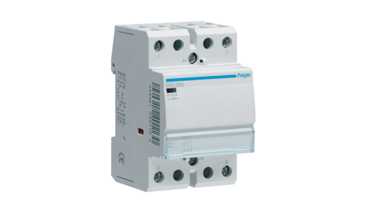 Stycznik 24 V AC Hager styki: 2 6,5 kW 63 A 2NO Montaż na szynie DIN Śruba ESD263