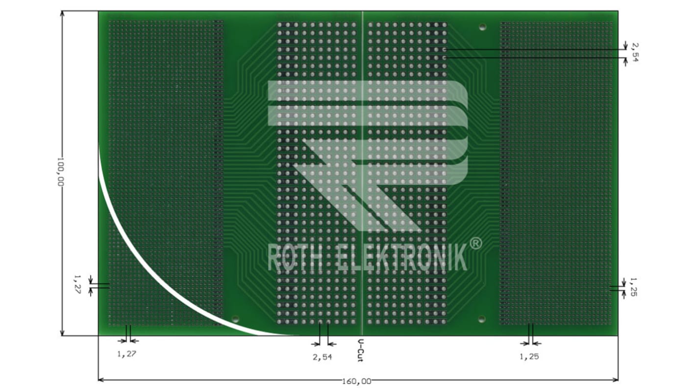 Eurocard RE620-LF, Doble Cara FR4 con 25 x 75, 7 x 37 0.3mm de orificio, 1.25 x 1.25mm de paso, 160 x 100 x 1.5mm