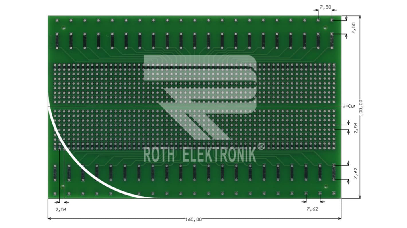 RE660-LF, Double Sided Eurocard FR4 With 7 x 37 1.1mm Holes, 2.54 x 2.54mm Pitch, 160 x 100 x 1.5mm