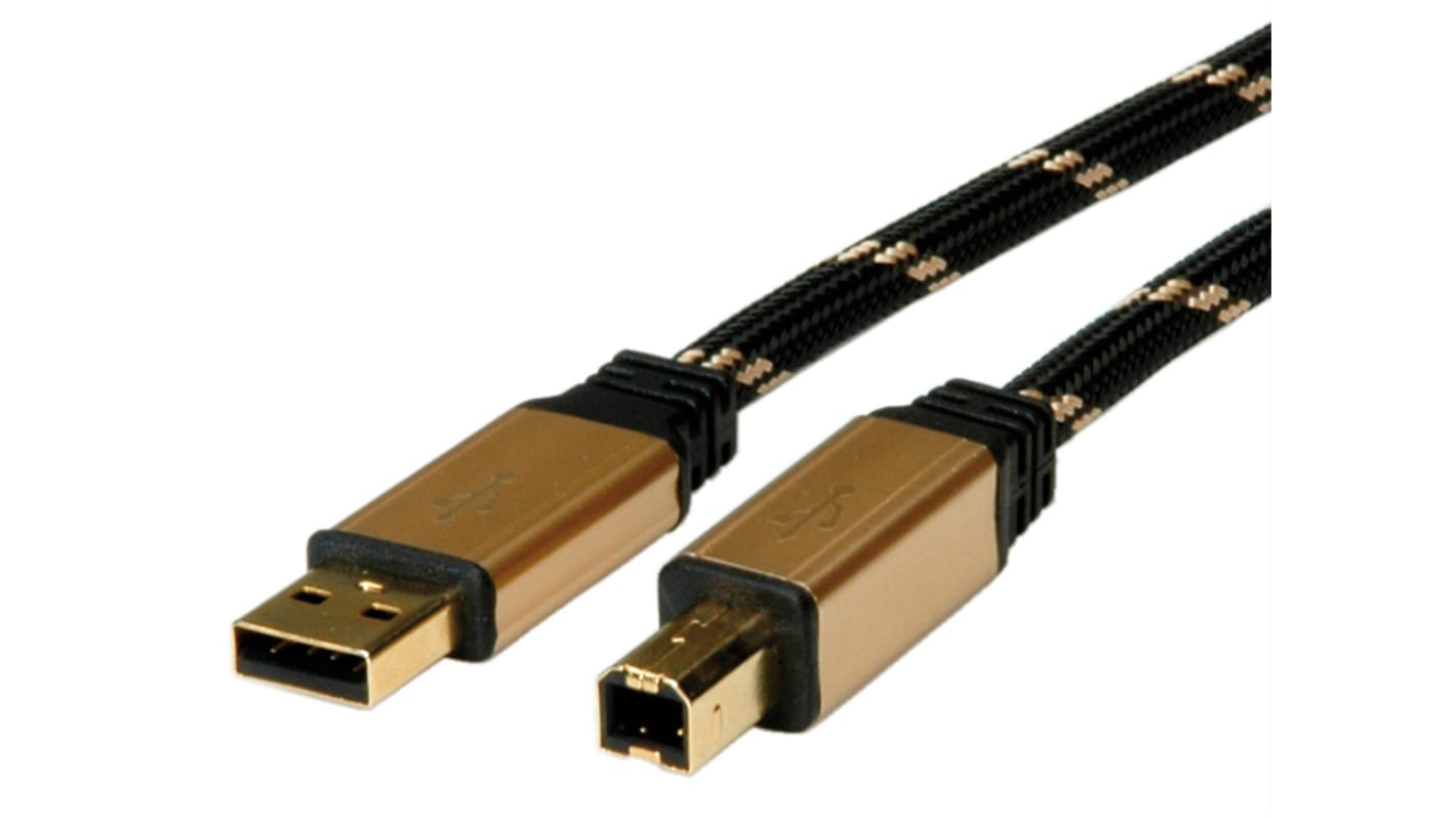 Roline USB-kabel, Sort/Guld, USB A til USB B, 4.5m