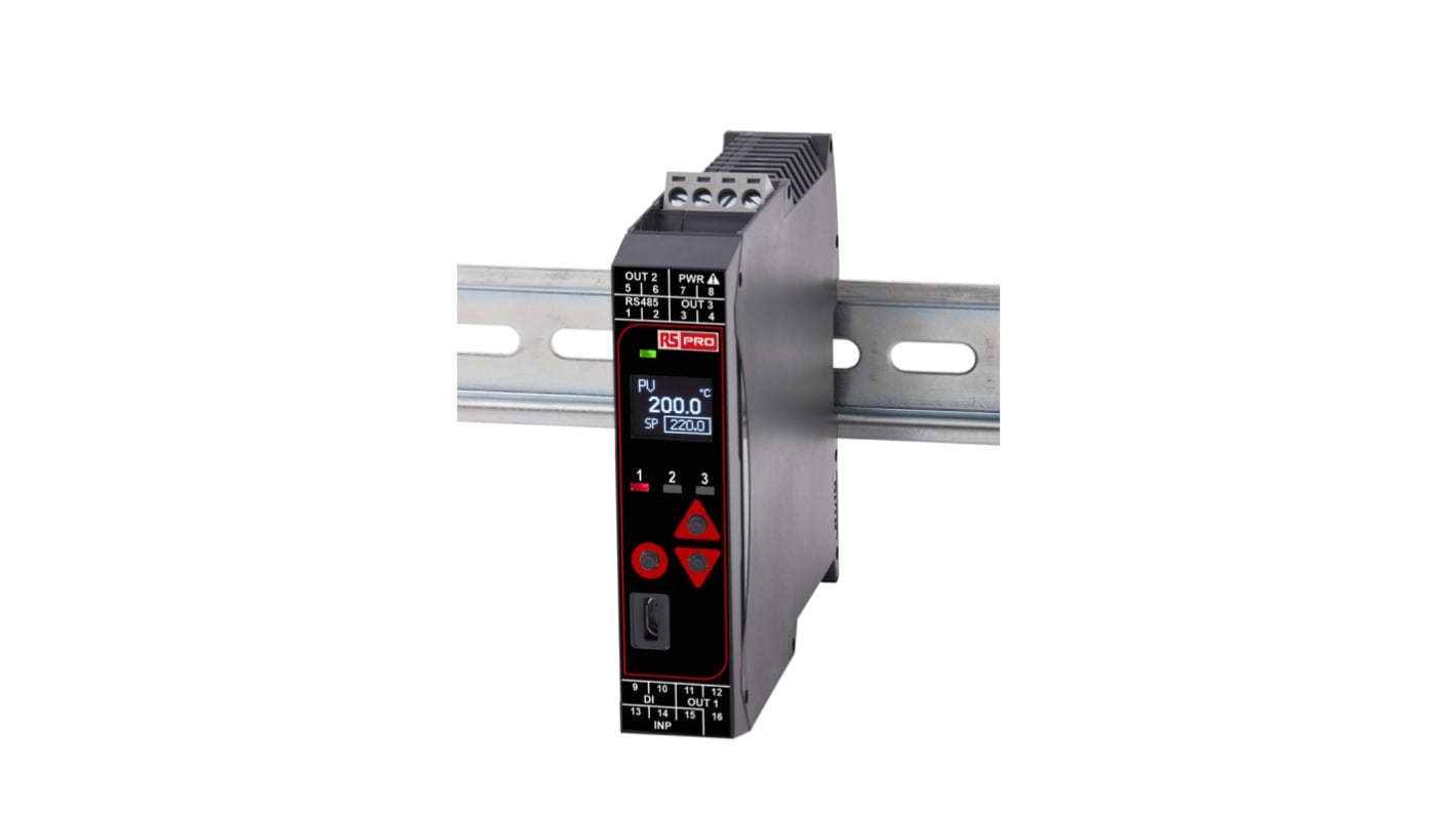 RS PRO DIN Rail PID Temperature Controller, 22.5 x 110mm 1 Input, 2 Output Relay, Relay-CO, 100 → 240 V ac