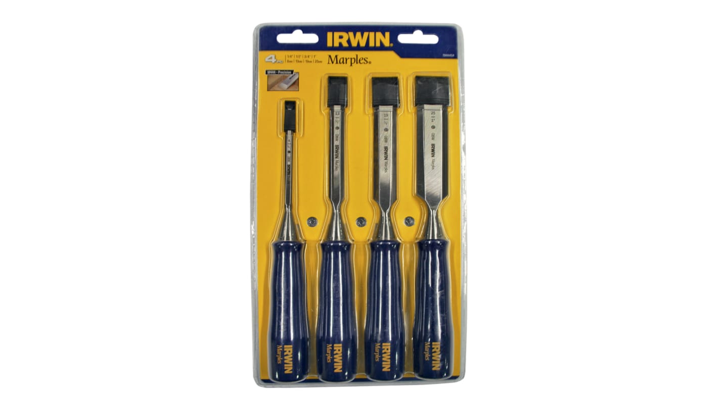 Irwin 4 Piece Steel Bevel Edge Chisel Set, 6.0 mm, 13 mm, 19 mm, 25 mm Blade Width