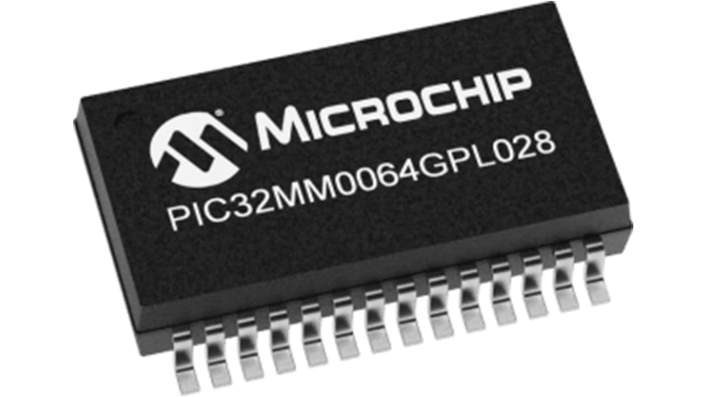 Microchip PIC32MM0064GPL028-I/SS, 32bit microAptiv UC 32 bit Microcontroller, PIC32, 25MHz, 64 kB Flash, 28-Pin SSOP
