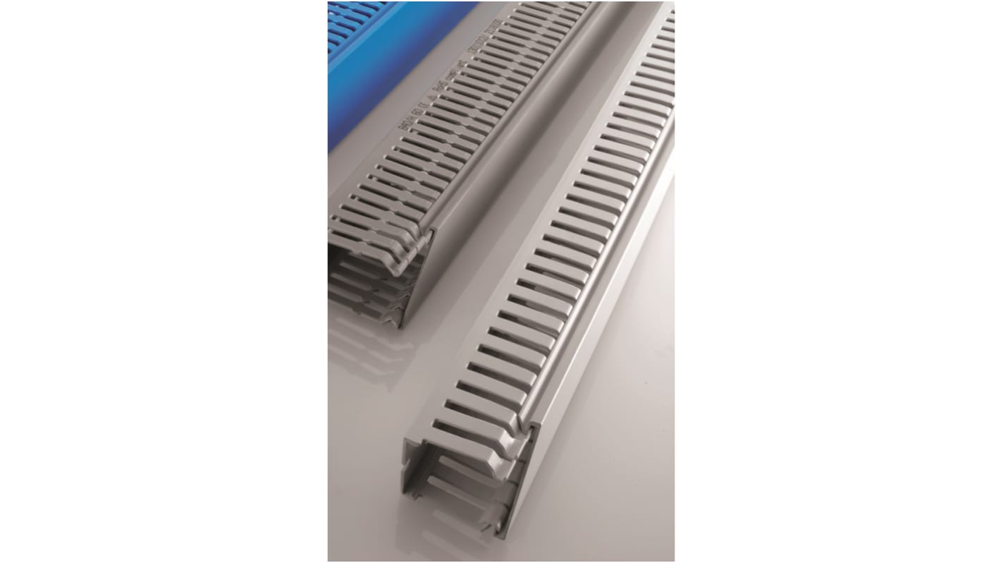 RS PRO Grey Slotted Panel Trunking - Open Slot, W75 mm x D100mm, L2m, PVC