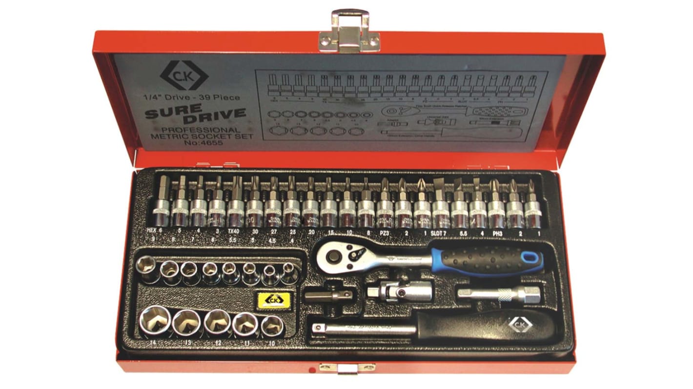 CK 39-Piece Metric 1/4 in Standard Socket/Bit Set with Ratchet, 6 point; Hex Bit; Slotted Bit; Tamperproof Torx Bit