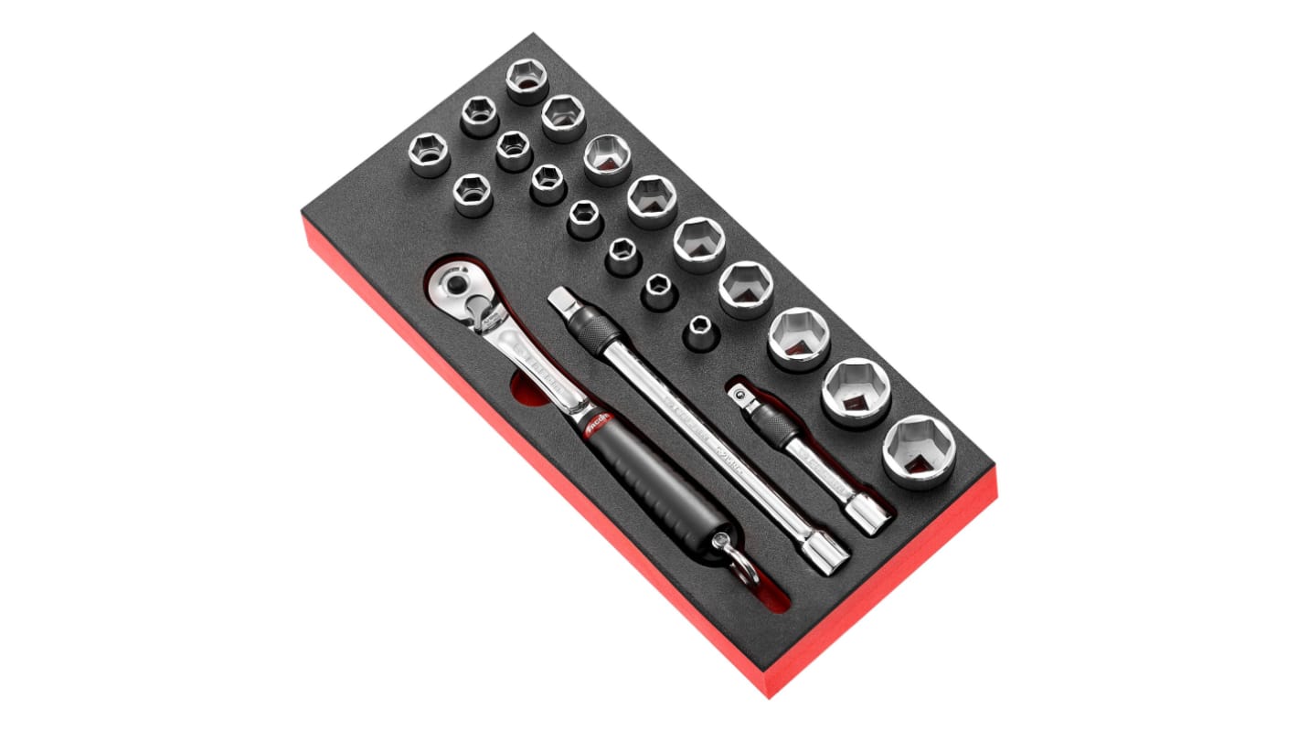 Set di bussole Facom da 21 pezzi in Acciaio al cromo-vanadio, guida quadrata da 1/2"