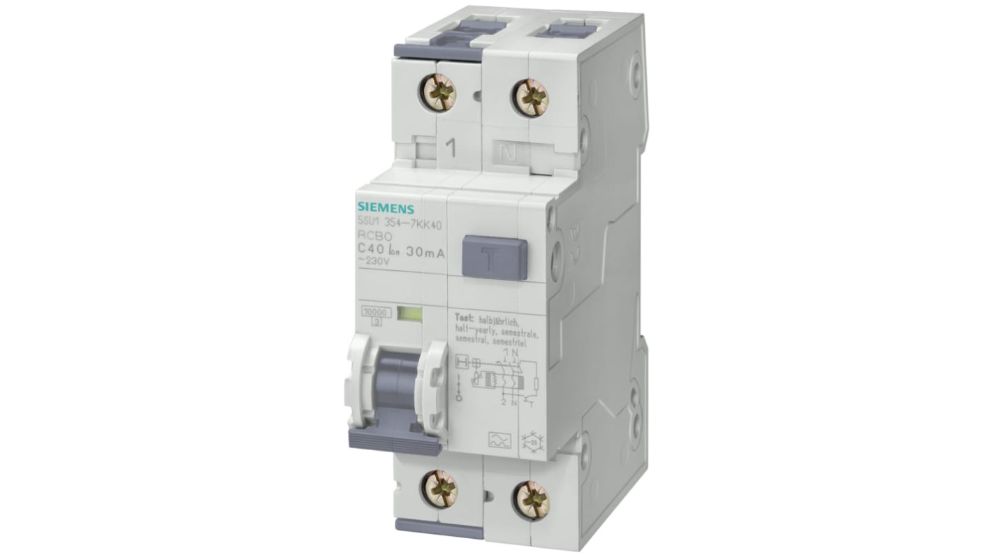 Siemens RCBO, 2-polet, 16A, DIN-skinne montering, følsomhed: 30mA