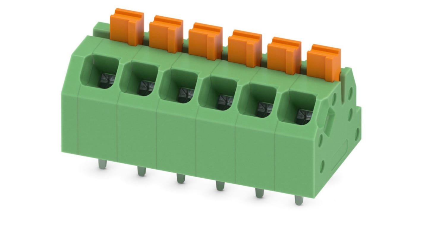 Phoenix Contact SPTAF 1/ 6-3.5-EL Series PCB Terminal Block, 6-Contact, 3.5mm Pitch, Wave Soldering, 1-Row, PCB