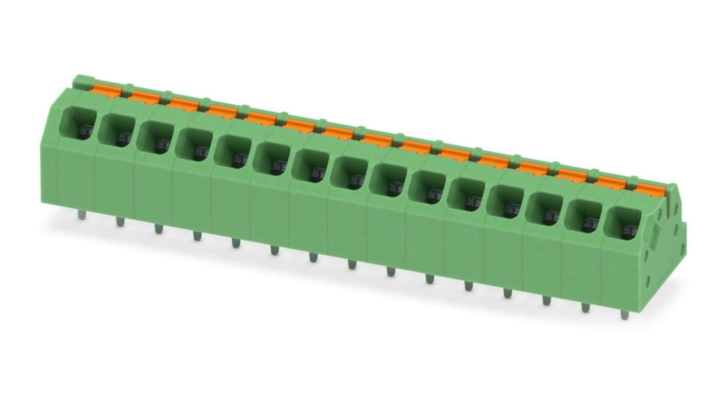 Phoenix Contact SPTAF 1/15-3.5-IL Series PCB Terminal Block, 15-Contact, 3.5mm Pitch, Through Hole Mount, 2-Row
