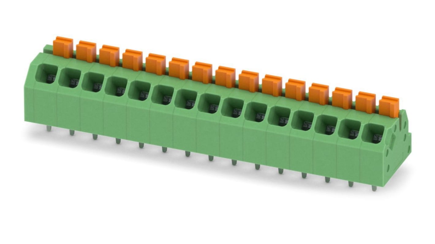 Phoenix Contact SPTAF 1/15-3.5-EL Series PCB Terminal Block, 15-Contact, 3.5mm Pitch, Through Hole Mount, 2-Row