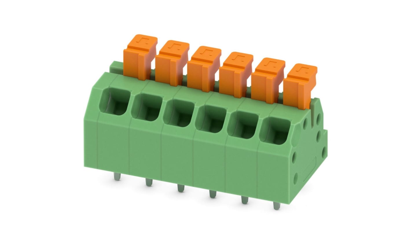 Phoenix Contact SPTAF 1/ 6-3.5-LL Series PCB Terminal Block, 6-Contact, 3.5mm Pitch, Through Hole Mount, 2-Row