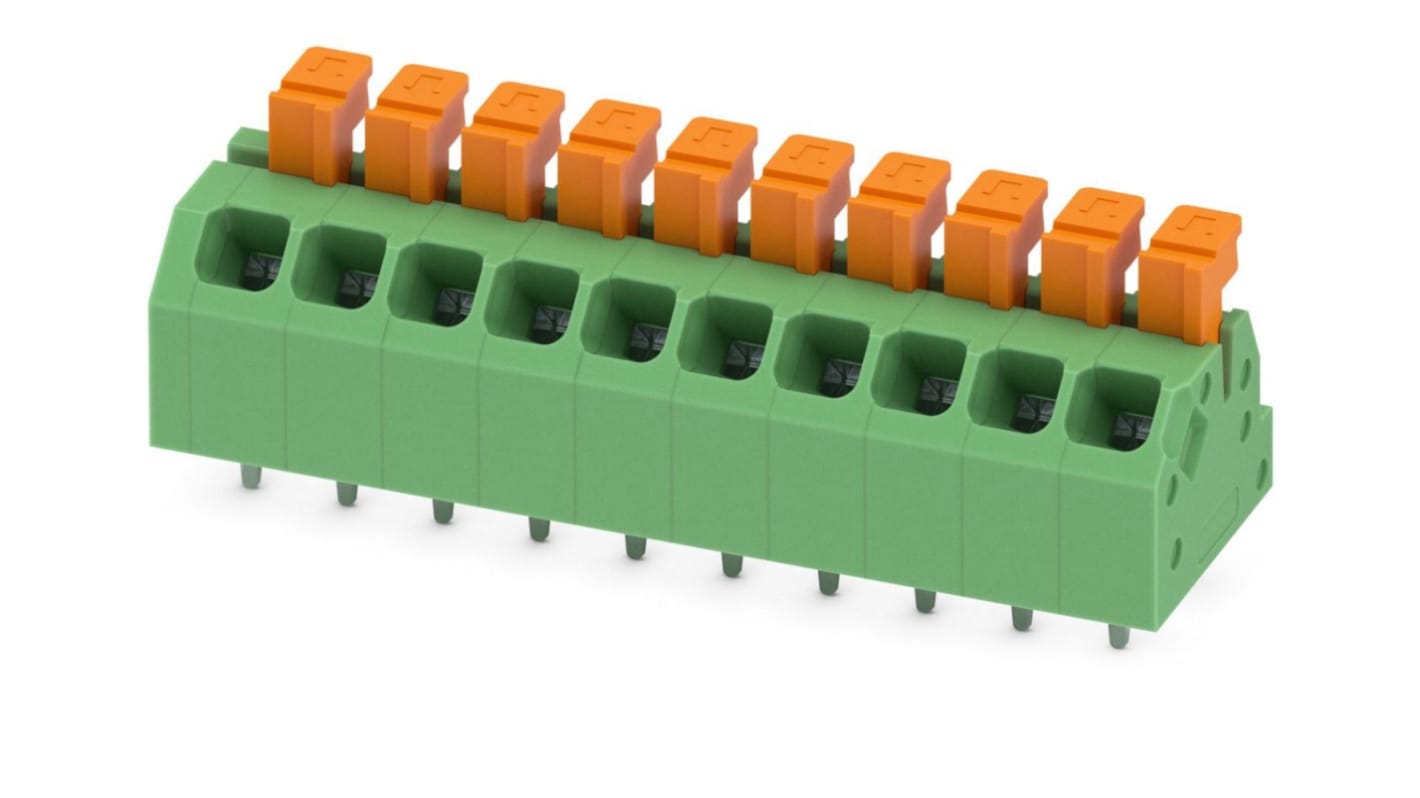 Phoenix Contact SPTAF 1/10-3.5-LL Series PCB Terminal Block, 10-Contact, 3.5mm Pitch, Through Hole Mount, 2-Row
