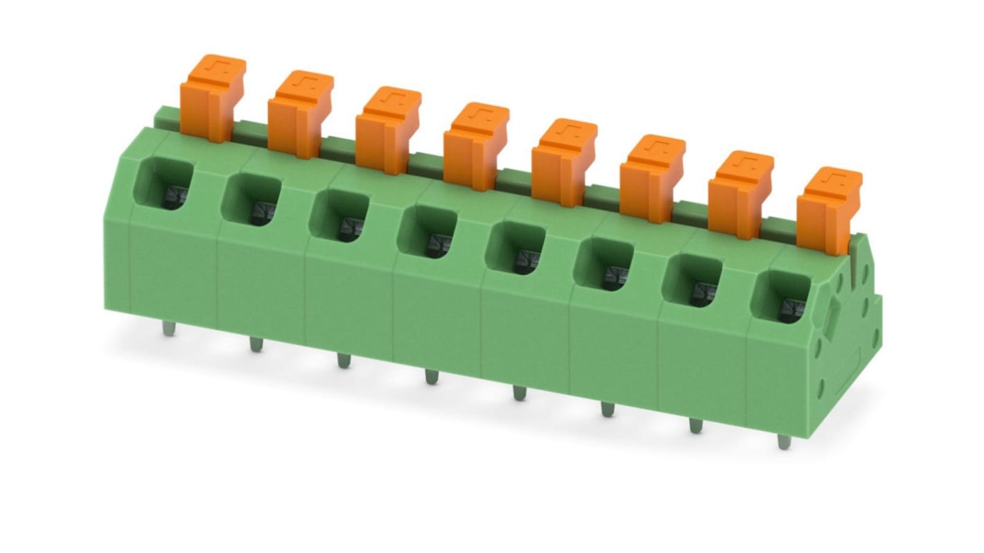 Phoenix Contact SPTAF 1/ 8-5.0-LL Series PCB Terminal Block, 8-Contact, 5mm Pitch, Through Hole Mount, 2-Row