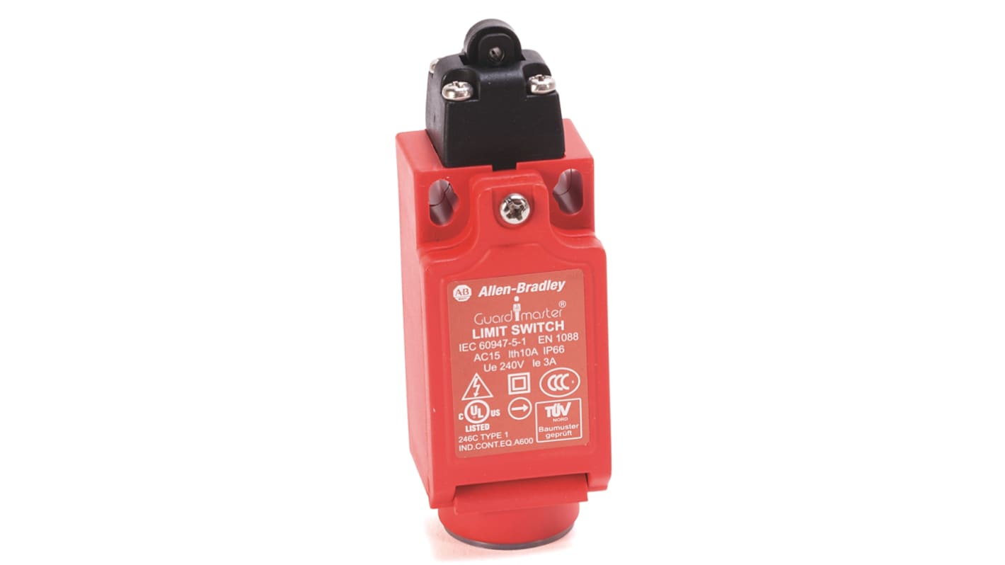 Allen Bradley Guardmaster 440P Series Roller Plunger Limit Switch, 2NC/1NO, IP66, SPST, Glass Filled PBT Housing