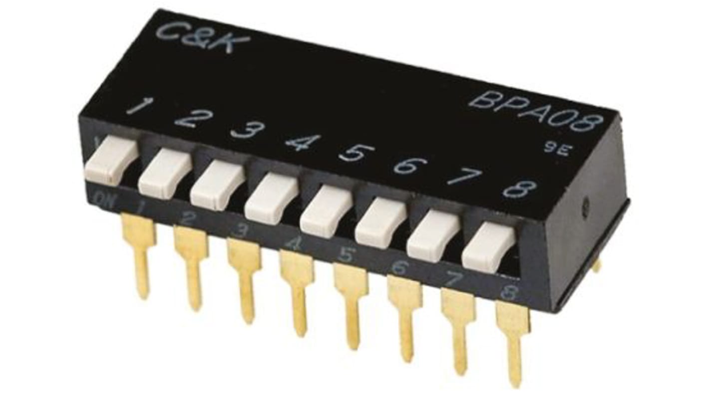DIP kapcsoló SPST, Felületre szerelhető, működtető típusa: Kiemelkedő, csúsztatható, 100 mA 5 V DC esetén, 25 mA 24 V
