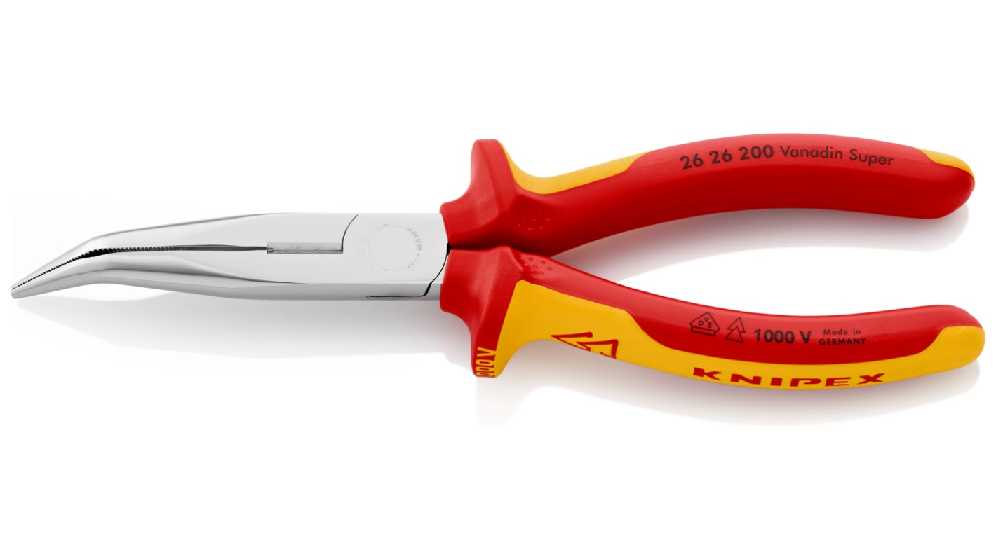 Knipex Long Nose Pliers, 200 mm Overall, Angled Tip, VDE/1000V, 73mm Jaw