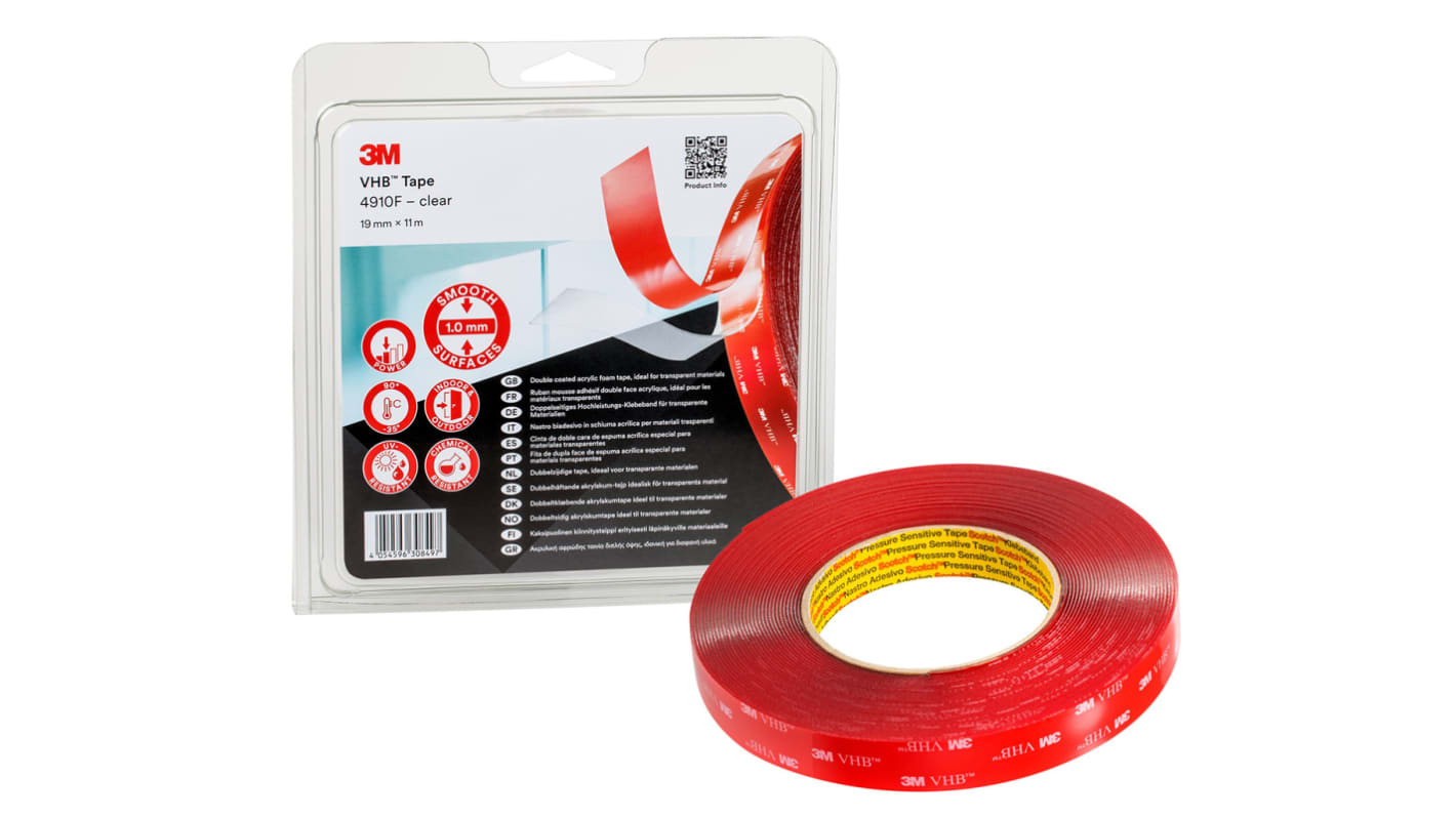 3M 4910F, VHB™ Clear Foam Tape, 19.0mm x 11.0m, 1.0mm Thick