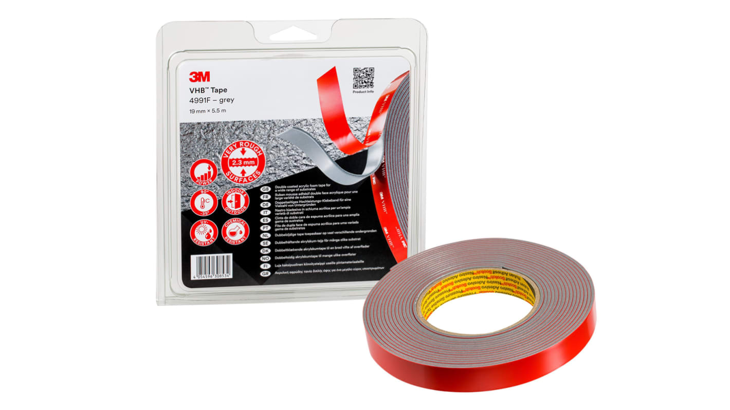 3M フォーム テープ, グレー, 幅:19.0mm, 長さ:5.50m, 3M 3M フォーム テープ, グレー, 幅:19.0mm, 長さ:5.50m, 3M
