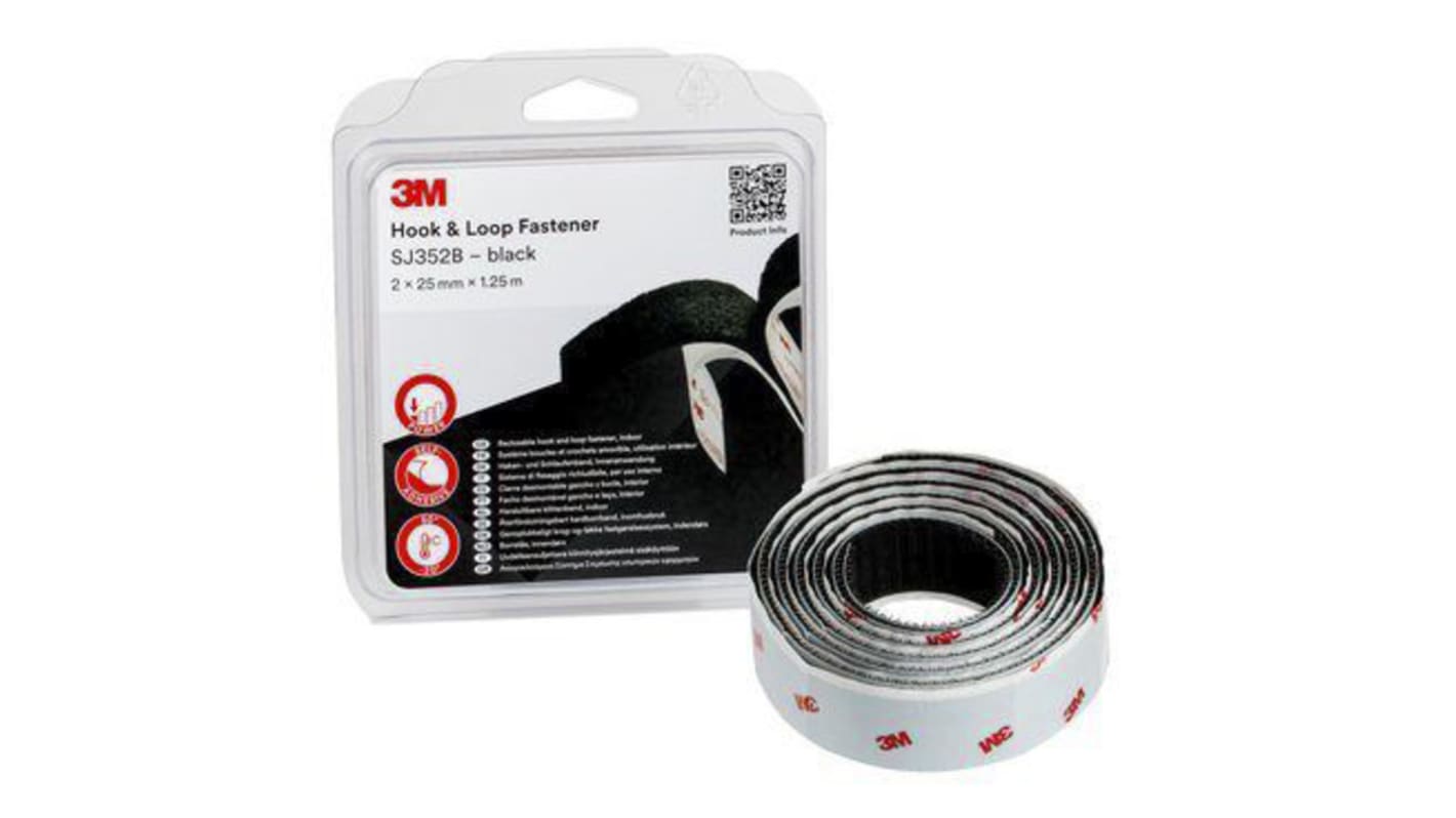 3M Black Hook & Loop Tape, 25mm x 1.25m