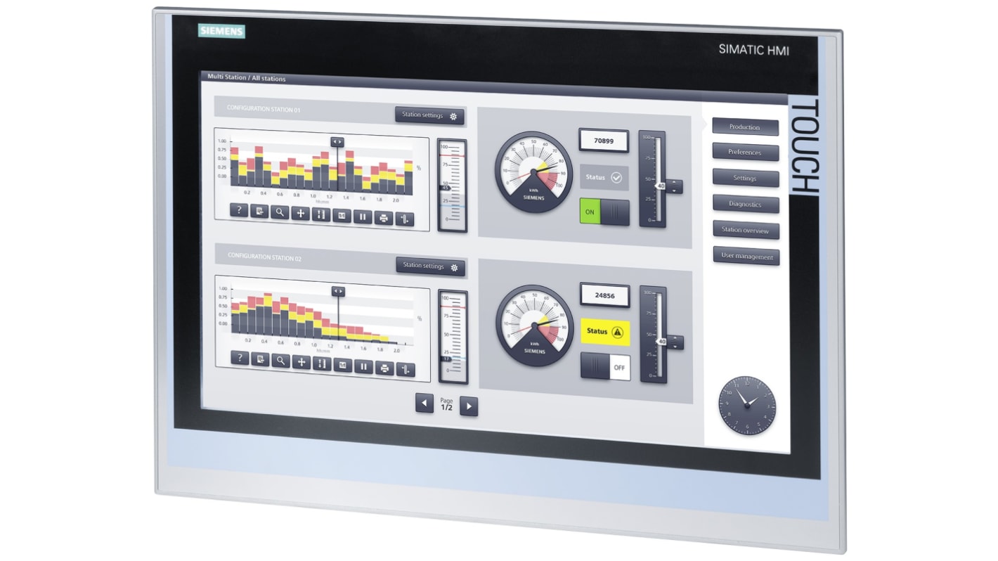 Siemens HMI面板, 18.5 in, TFT, 24 MB板载内存, 7个端口, 24 V 直流, IP20，IP65, SIMATIC系列