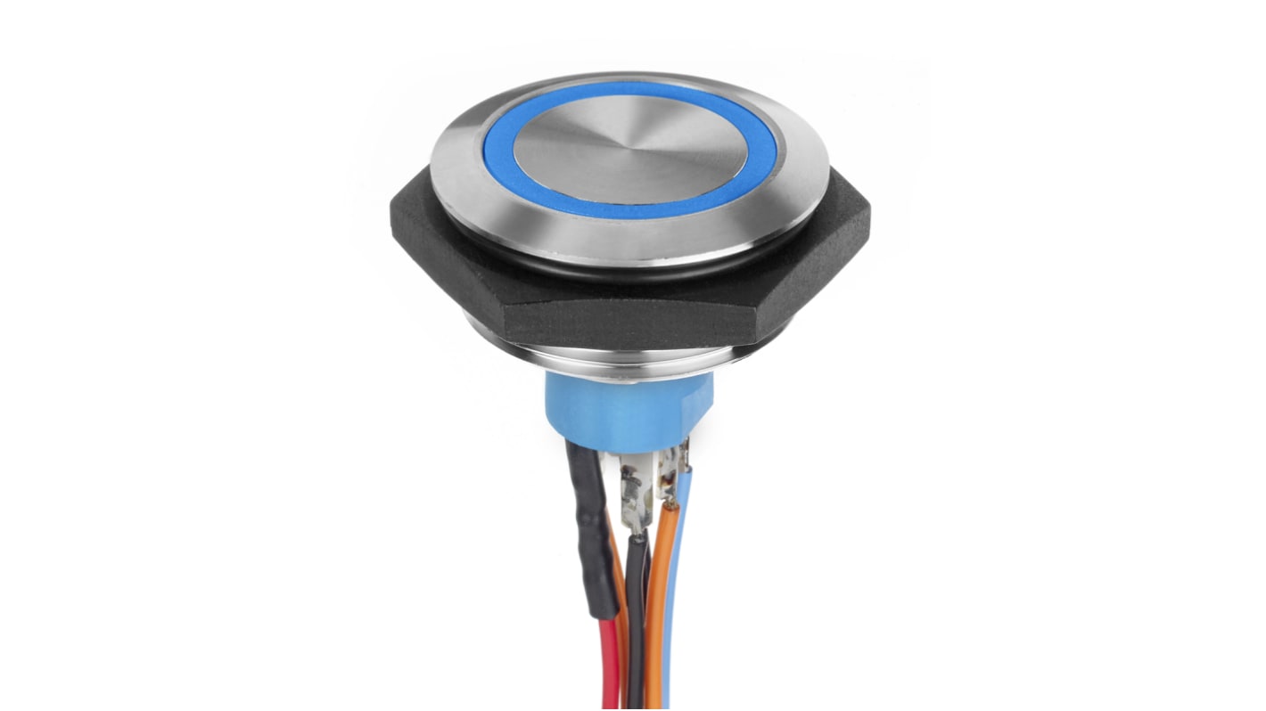 APEM Illuminated Vandal Proof Push Button Switch, Momentary, Panel Mount, 30.2mm Cutout, SPST, Blue LED, 30V dc, IP67