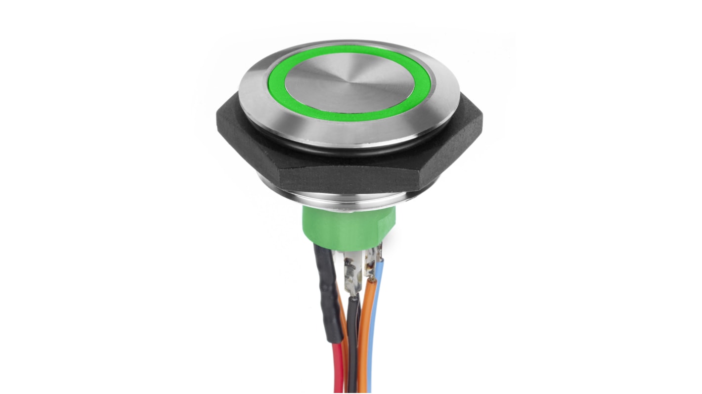 APEM Illuminated Vandal Proof Push Button Switch, Momentary, Panel Mount, 30.2mm Cutout, SPST, Green LED, 30V dc, IP67