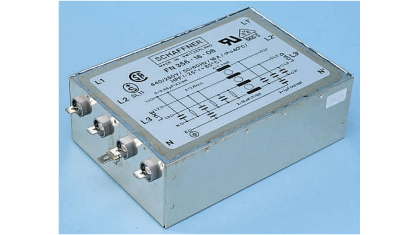 Schaffner, FN356 16A 440/250 V ac 60Hz, Chassis Mount EMI Filter, Tab 3 Phase