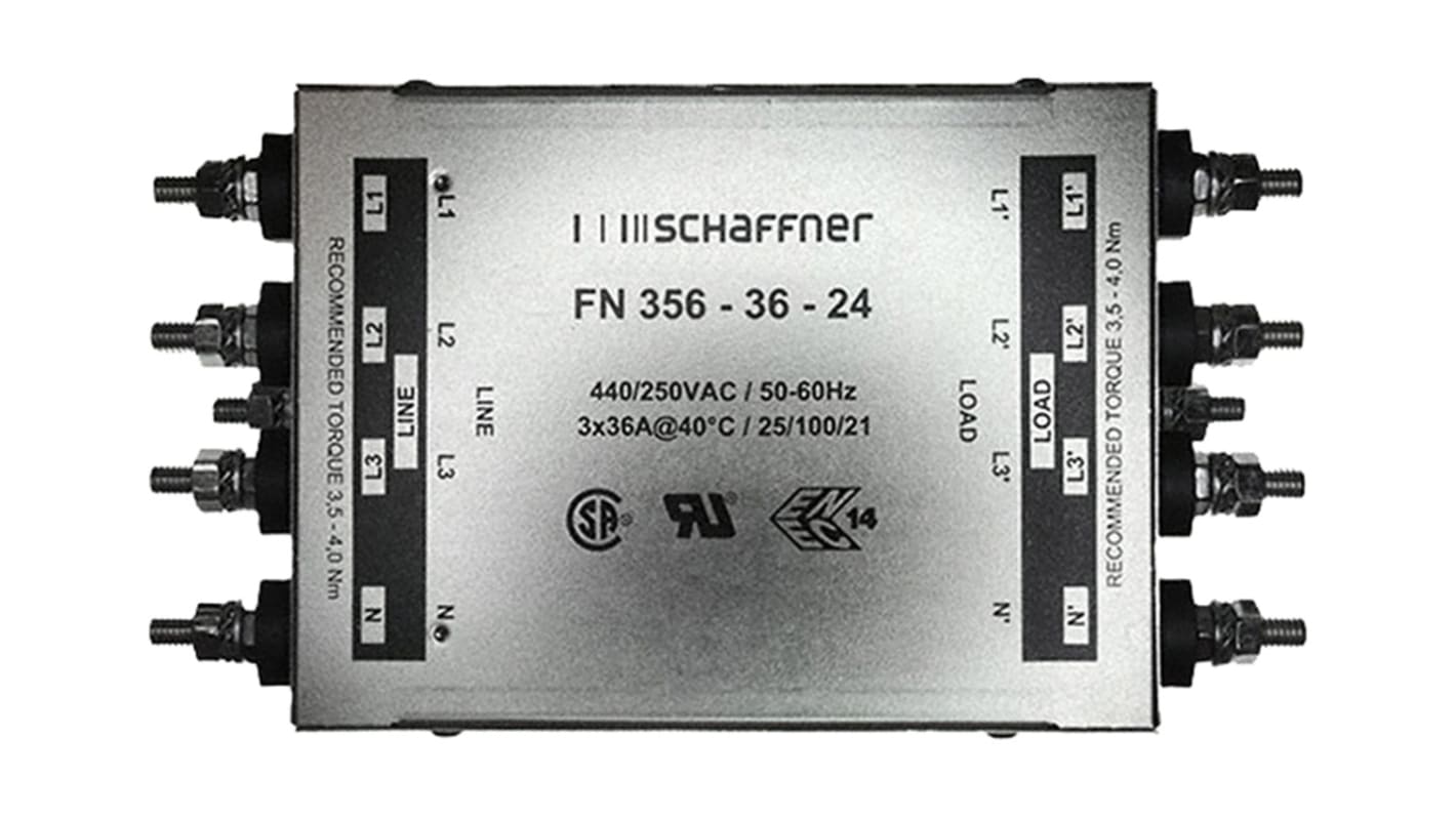 Schaffner, FN356 36A 440/250 V ac 60Hz, Chassis Mount EMI Filter, Tab 3 Phase