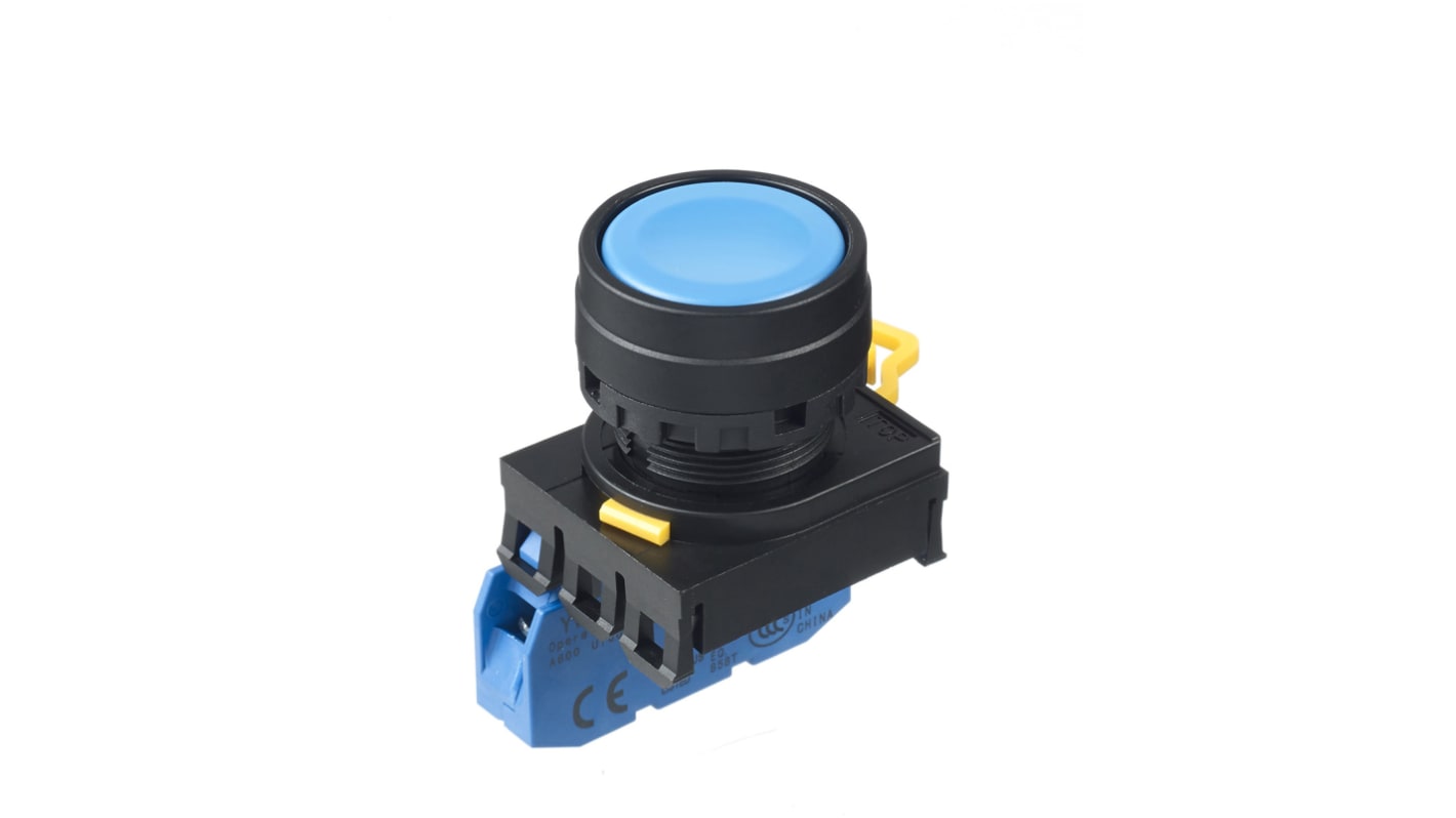 Unidad completa de botón pulsador Idec YW, color de botón Azul, SPST, Montaje en Panel, IP65, iluminado