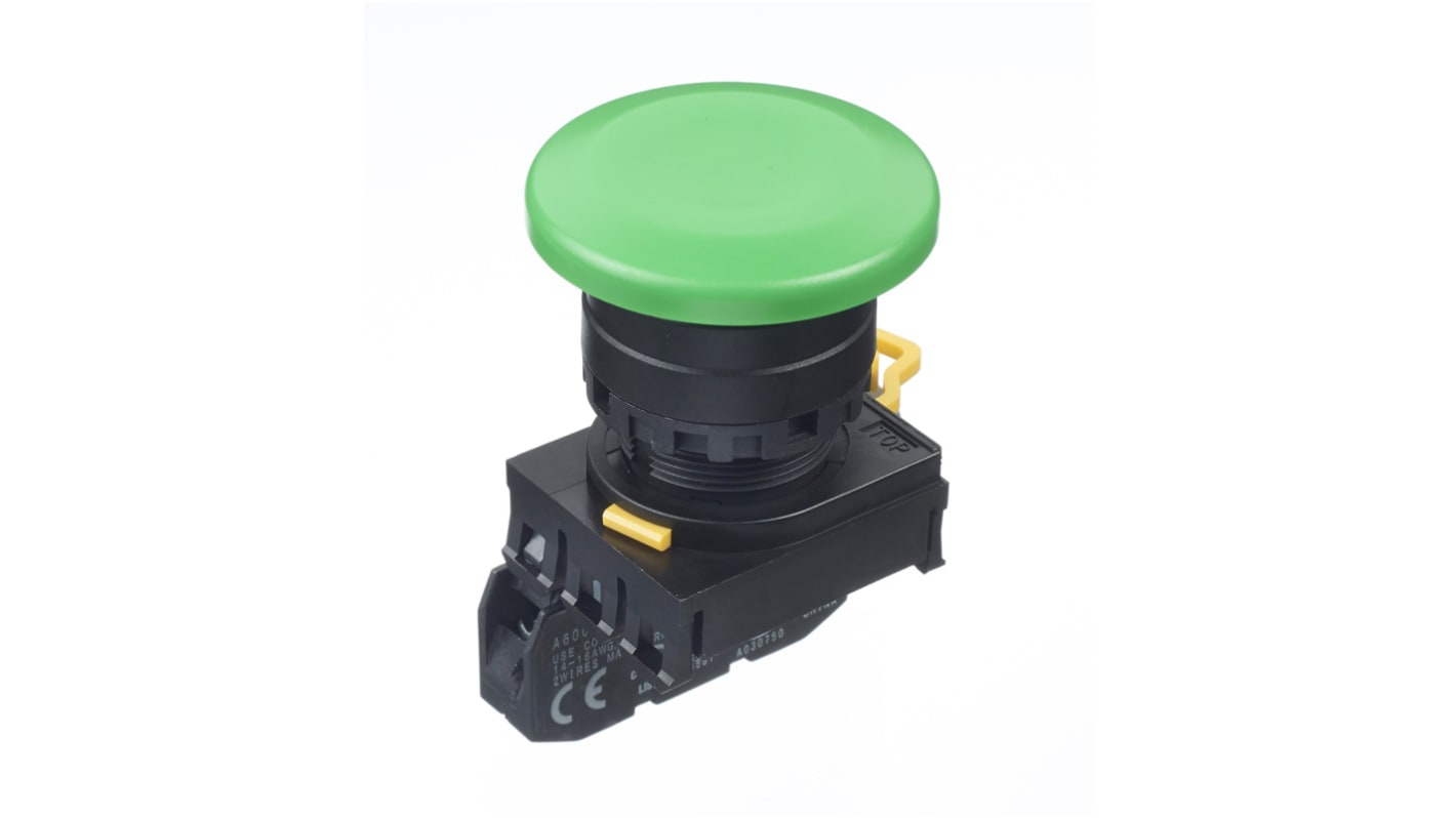 Unidad completa de botón pulsador Idec YW, color de botón Verde, SPST, Montaje en Panel, IP65, iluminado
