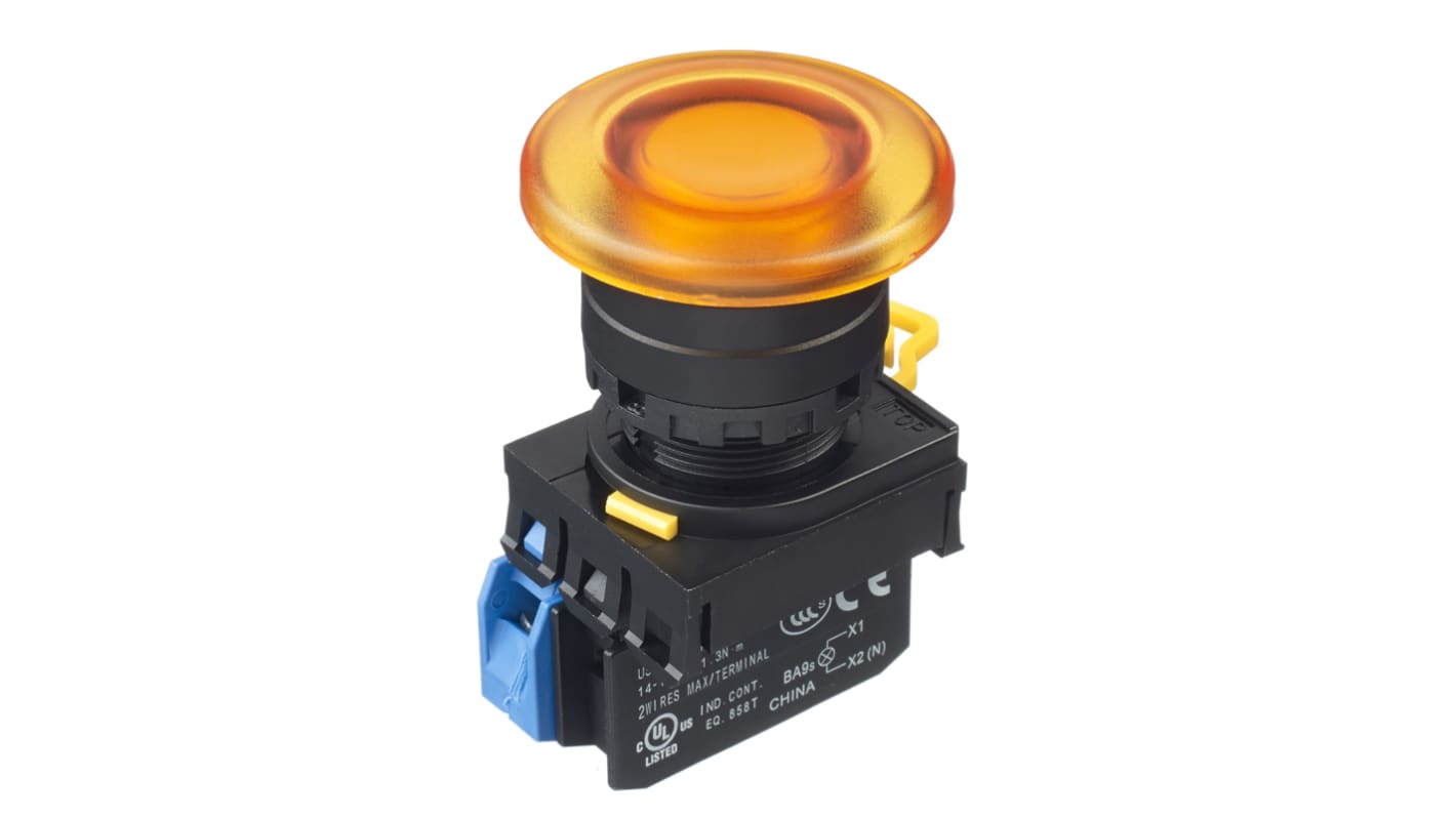 Idec YW Series Illuminated Push Button Complete Unit, Panel Mount, 22mm Cutout, SPST, IP65