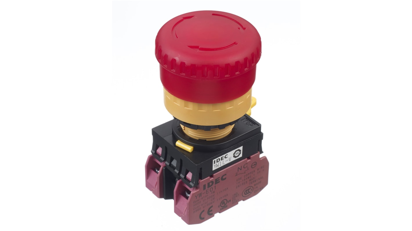 Idec Φ22mm带灯急停按钮, 面板安装, 2 常闭触点, 24V 交流/直流, IP65, 扭曲释放, 红色
