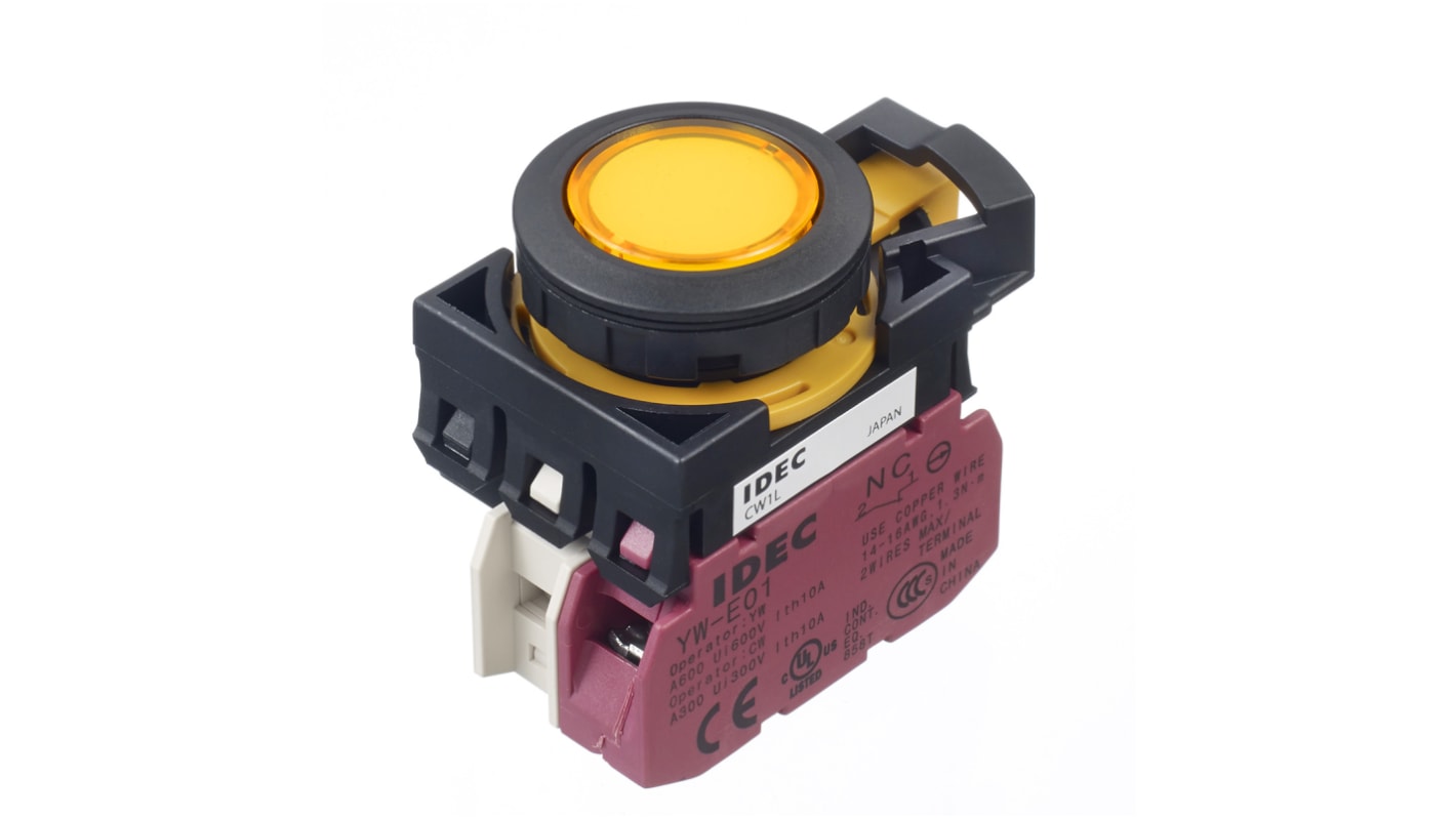 Pulsador Idec CW, color de botón Amarillo, SPST, Montaje en Panel, IP65, iluminado
