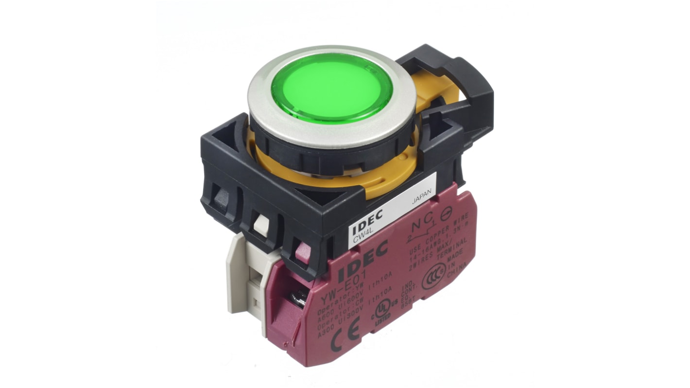 Idec CW Series Illuminated Push Button, Panel Mount, 22mm Cutout, SPST, IP65