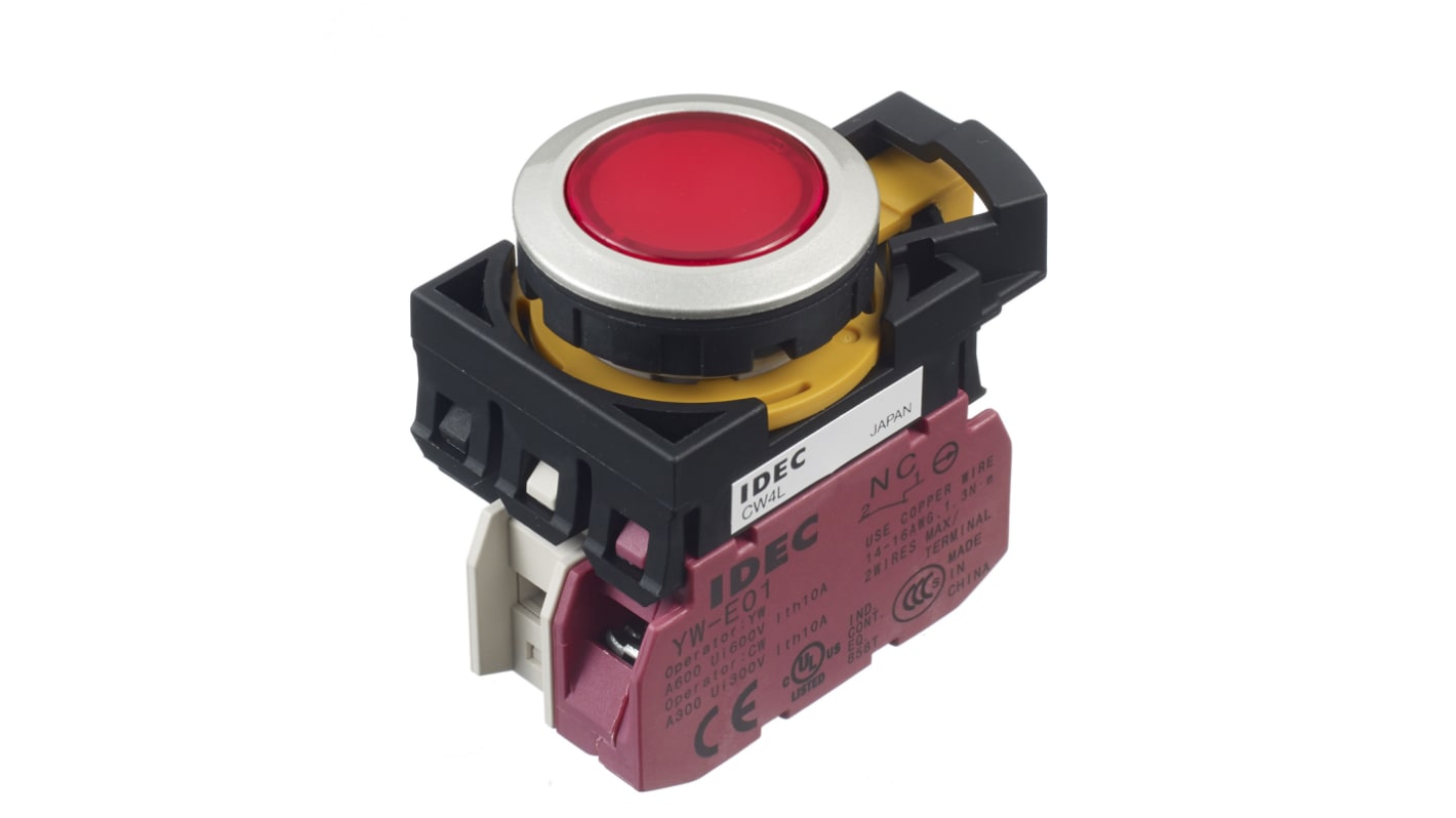 Pulsador Idec CW, color de botón Rojo, SPST, Montaje en Panel, IP65, iluminado