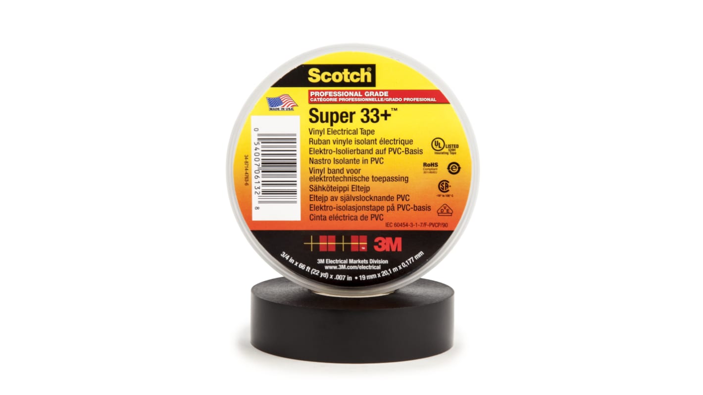 3M Scotch Super 33+ PVC Isolierband Schwarz, Stärke 0.18mm x 19mm x 20m, -18°C bis +105°C