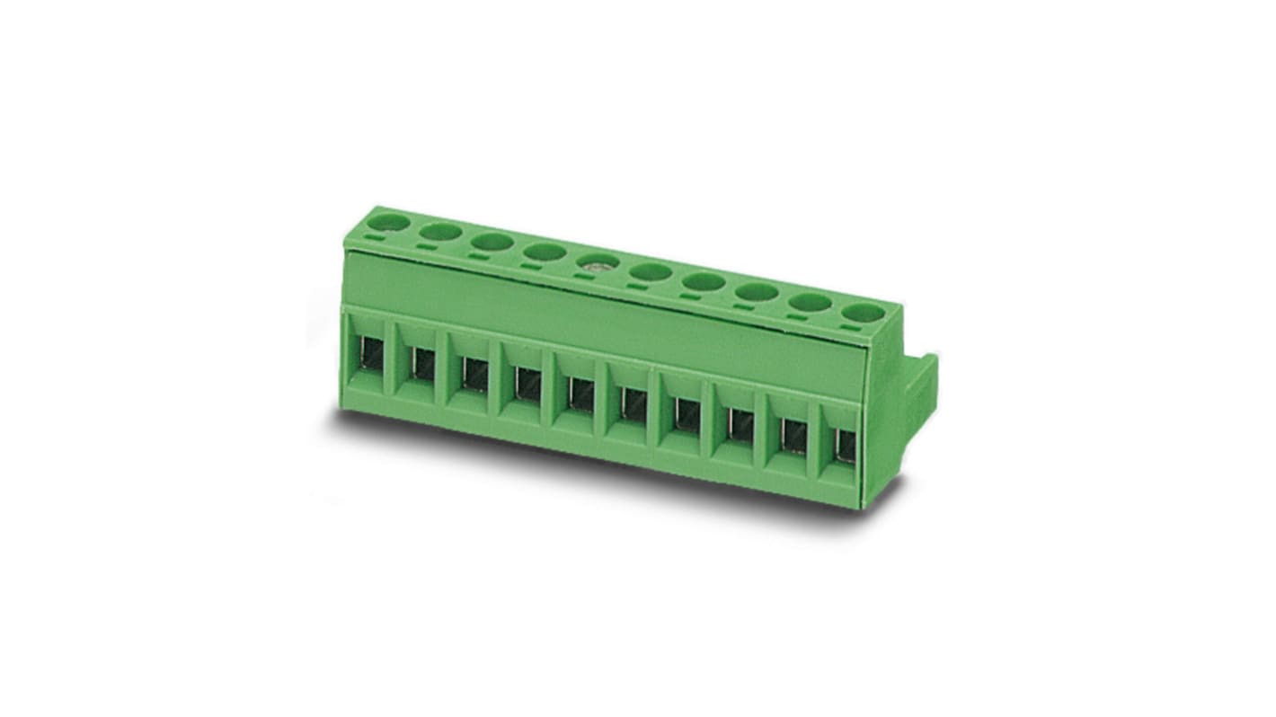 Bloque de terminal PCB Hembra Ángulo recto Phoenix Contact de 10 vías, paso 5.08mm, 12A, de color Verde, montaje De