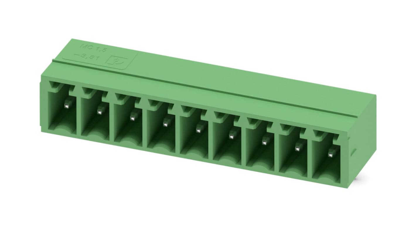 Phoenix Contact, 3.81mm Pitch, MC 1.5/ 9-G-3.81, 9 Way, Right Angle, Pluggable Terminal Block, Header, Through Hole,