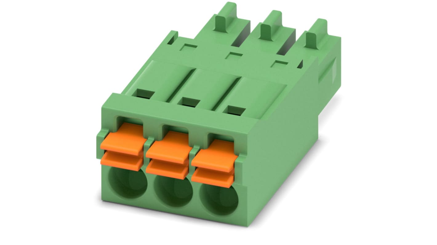 Phoenix Contact, 3.5mm Pitch, FMC 1.5/ 3-ST-3.5, 3 Way, , Pluggable Terminal Block, Plug, Cable Mount, Spring Cage
